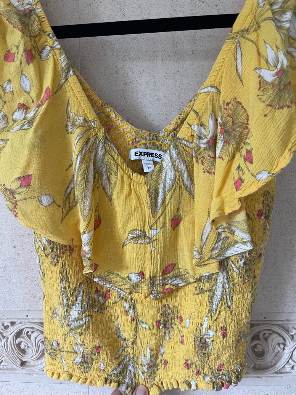 Express Yellow Floral Ruffle Smocked Crop Top